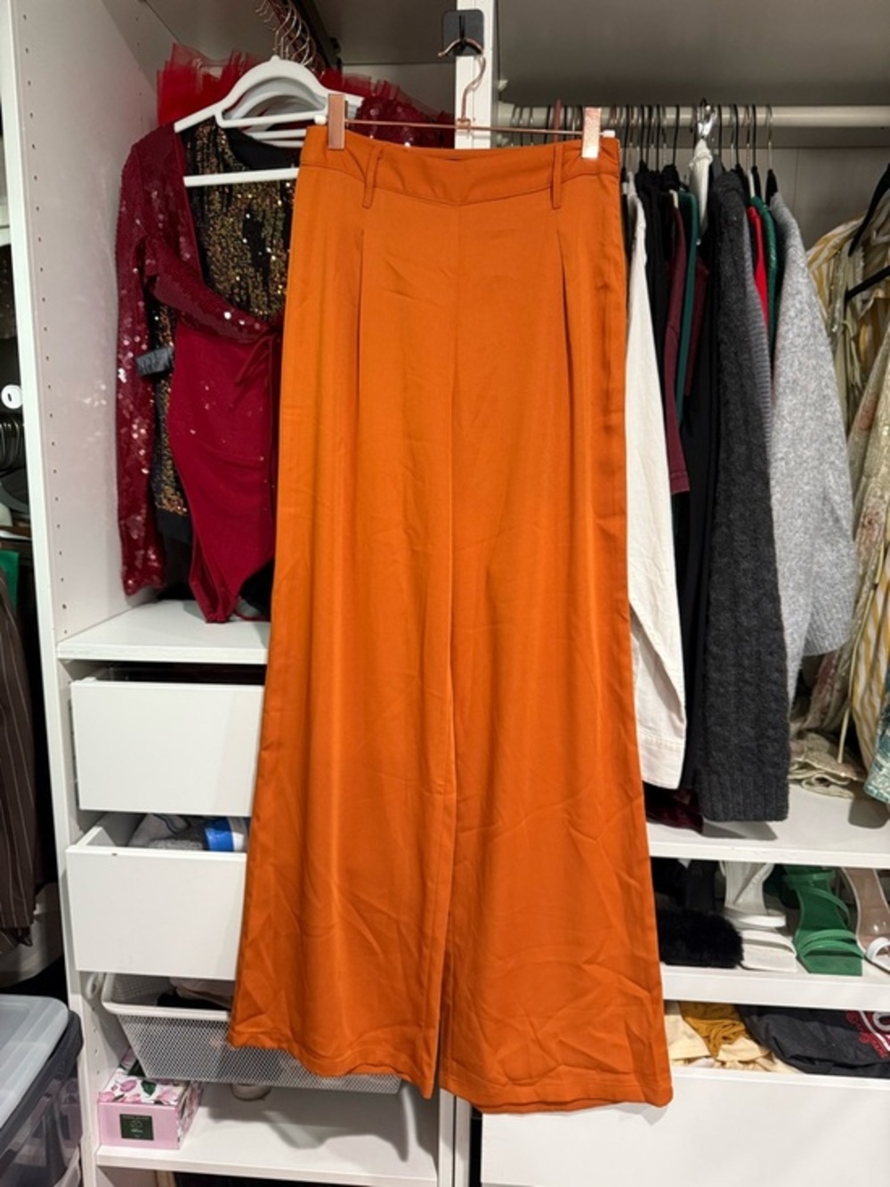 Wide-Leg Satin Pants in Vibrant Orange - Picture 2 of 5